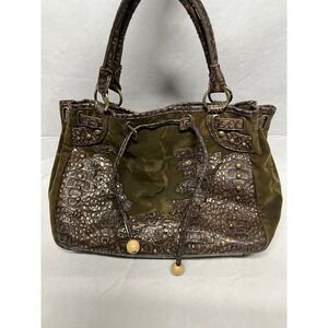 Vintage 80s Brown Suede Croc Embossed Leather Hobo Bucket Bag Purse Handbag
